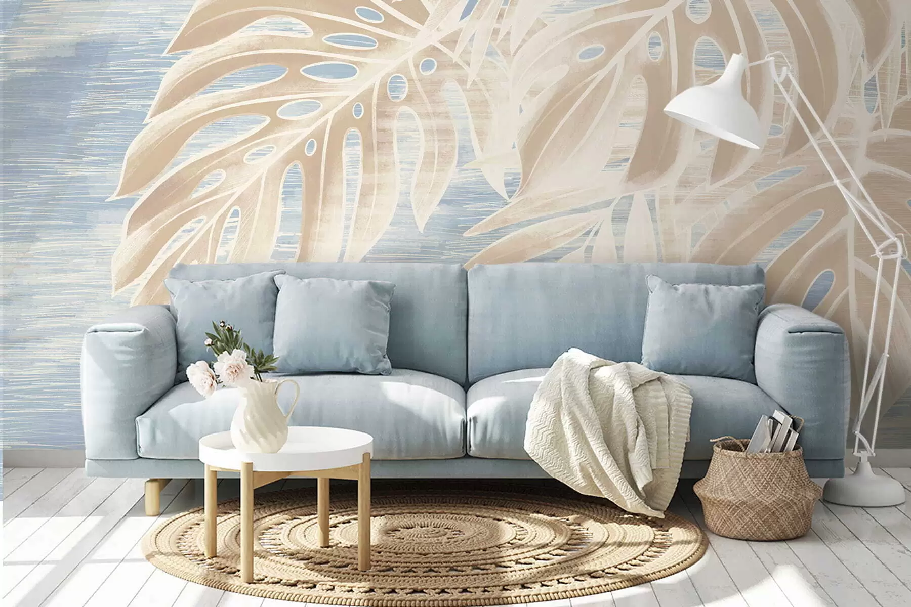 Fotobehang Abstracte bladeren in warme beigetinten op een lichte achtergrond w05130