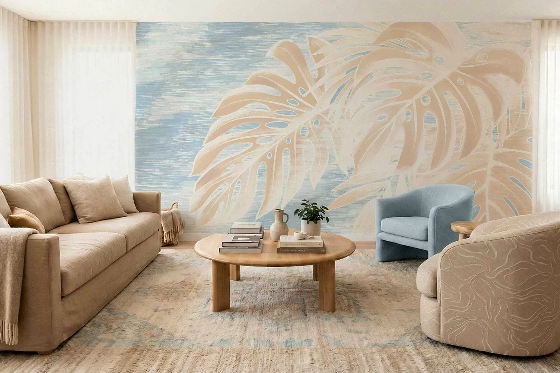 Fotobehang Abstracte bladeren in warme beigetinten op een lichte achtergrond w05130