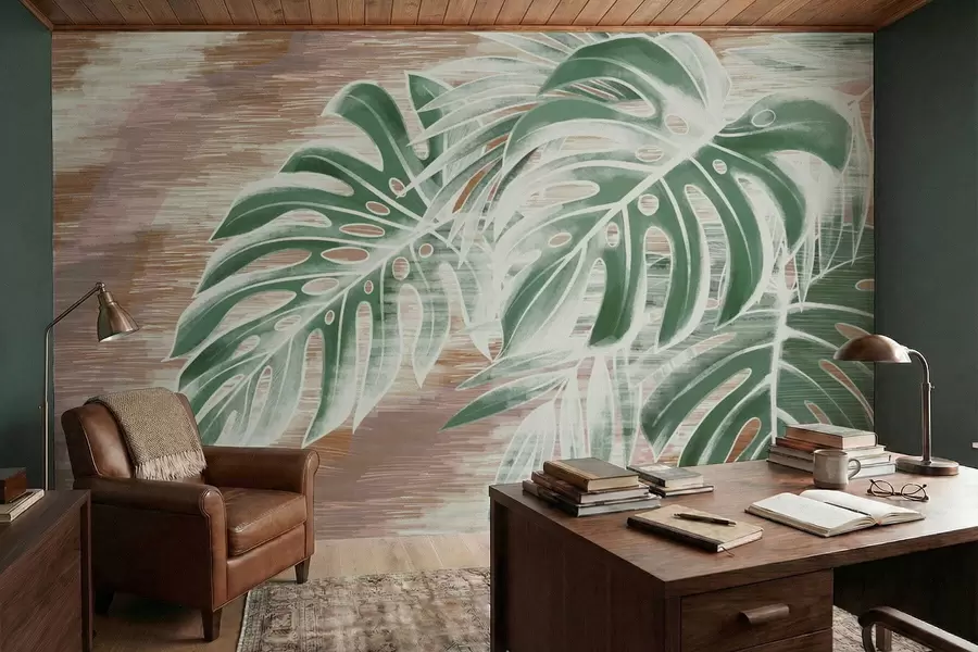 Fotobehang Groene bladeren op een warme, gestructureerde abstracte basis w05130v3