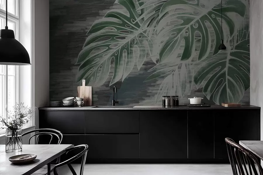 Fotobehang Donkergroene bladeren op een gestructureerde donkere achtergrond w05130v4