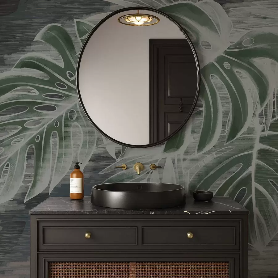 Fotobehang Donkergroene bladeren op een gestructureerde donkere achtergrond w05130v4