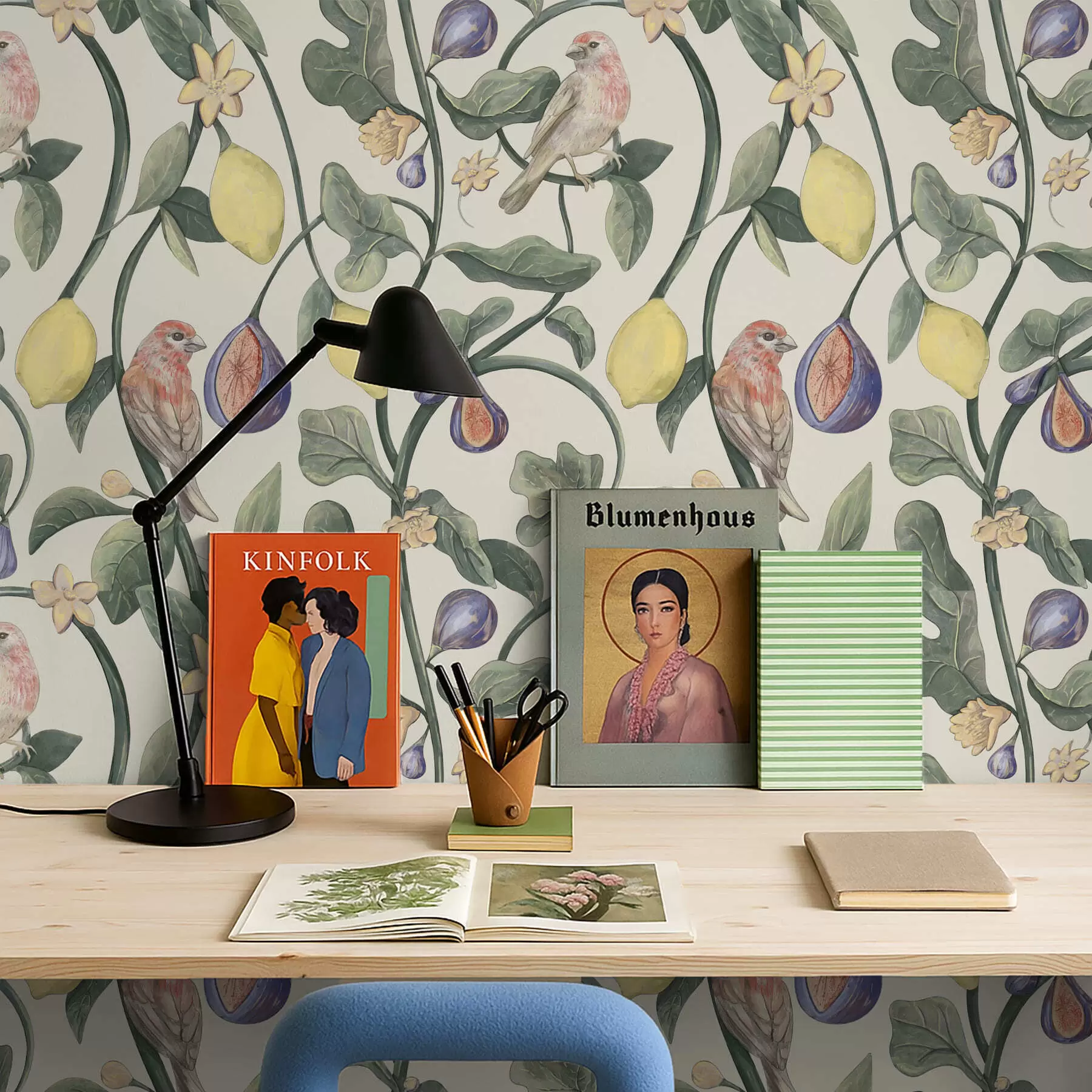 Fotobehang Vogels tussen bladeren en vruchten a01107