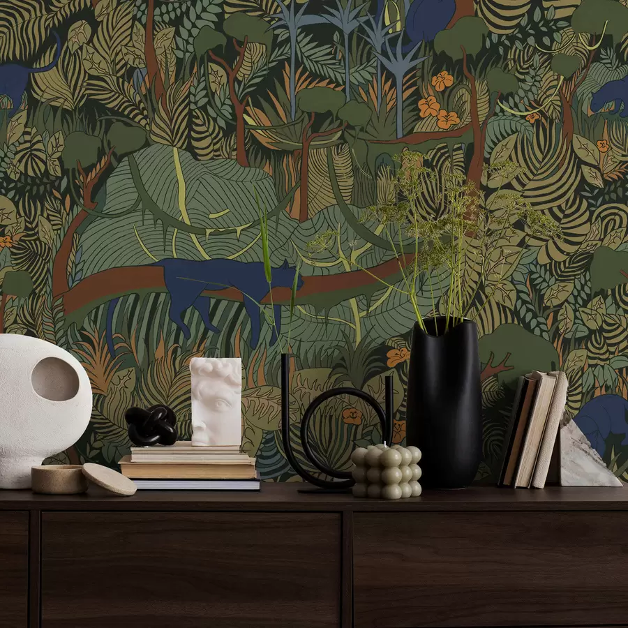 Fotobehang Donkere bos scène met dieren a01108v1