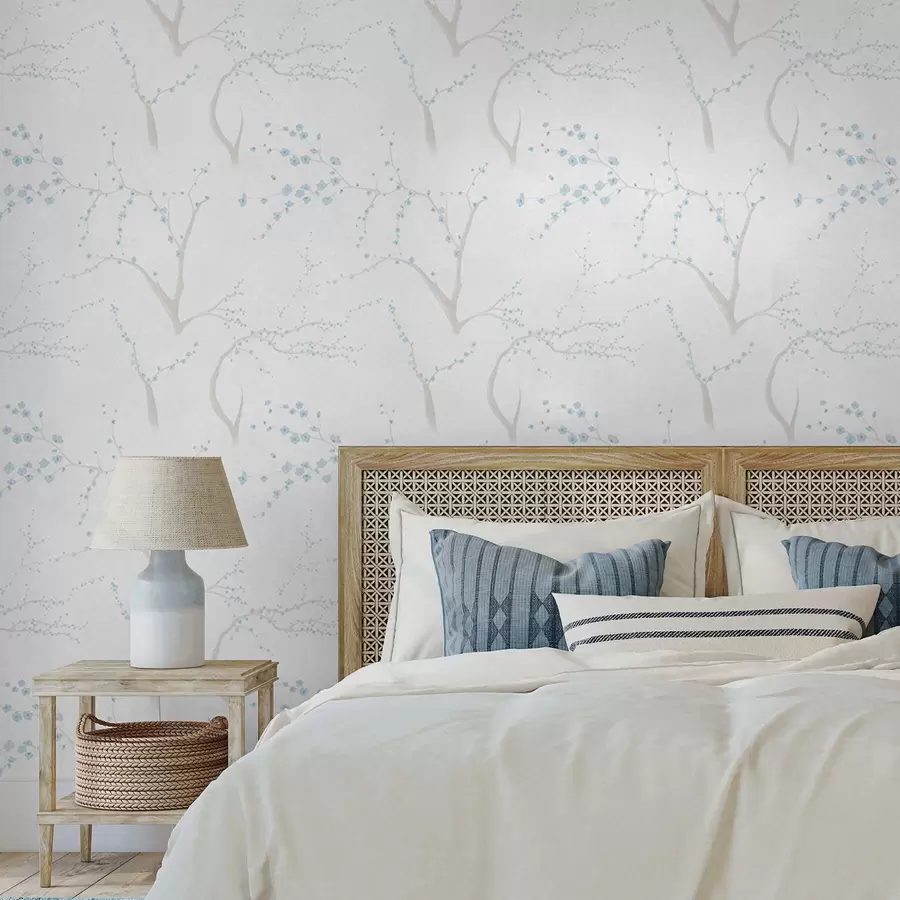 Fotobehang Lichte takken met blauwe bloesems a01111