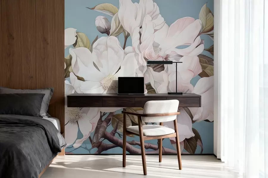 Fotobehang Weelderige bloemen op een boomtak w05178