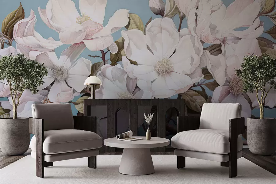 Fotobehang Weelderige bloemen op een boomtak w05178