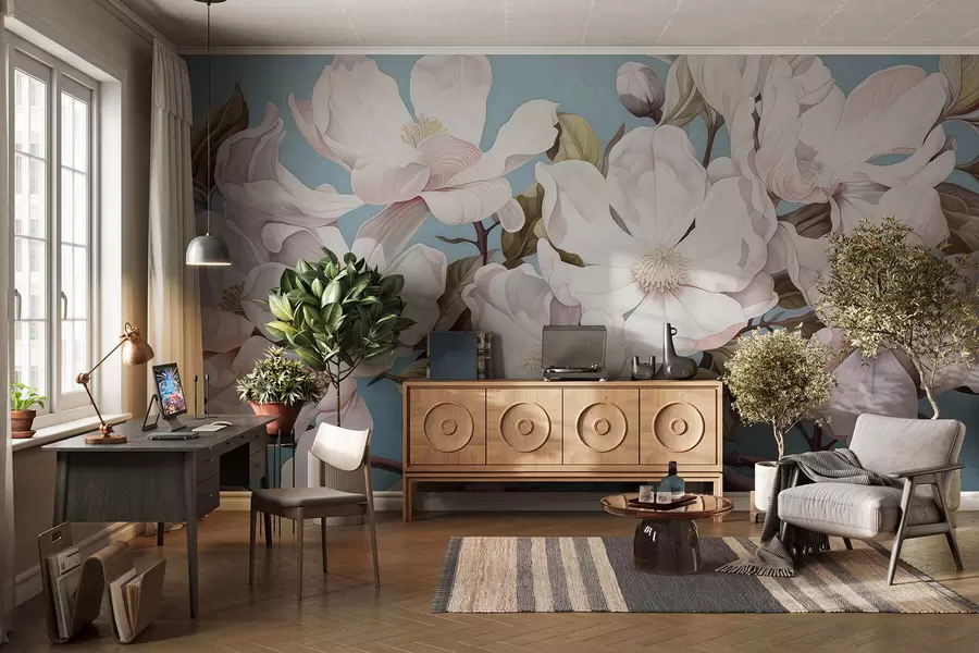 Fotobehang Weelderige bloemen op een boomtak w05178