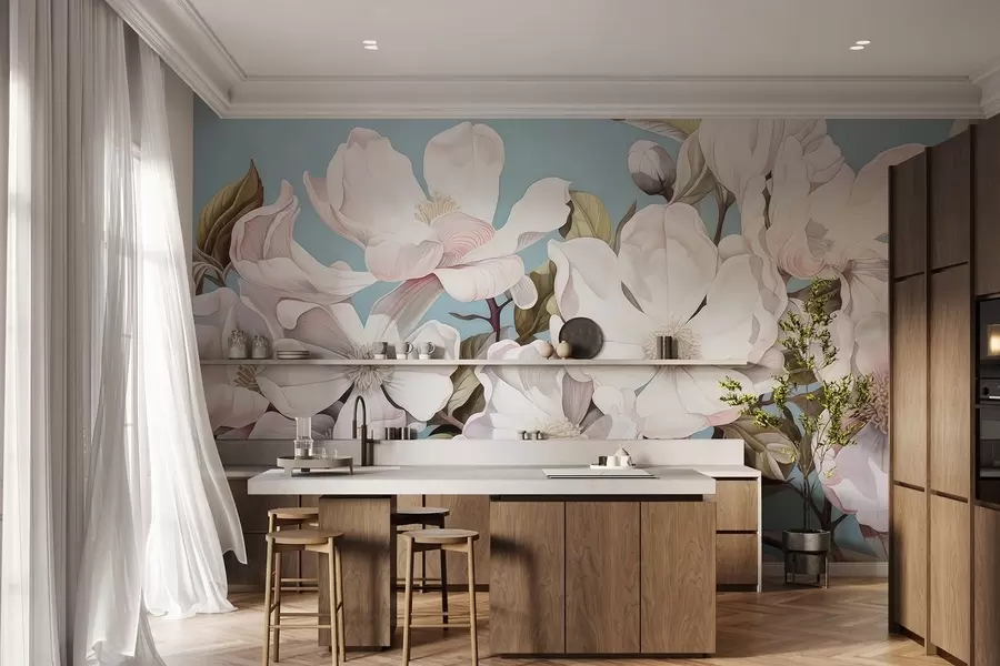 Fotobehang Weelderige bloemen op een boomtak w05178