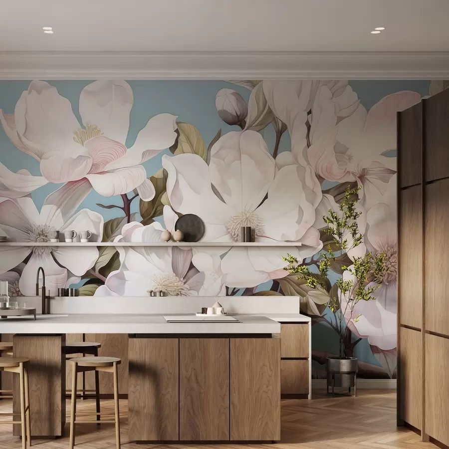 Fotobehang Weelderige bloemen op een boomtak w05178