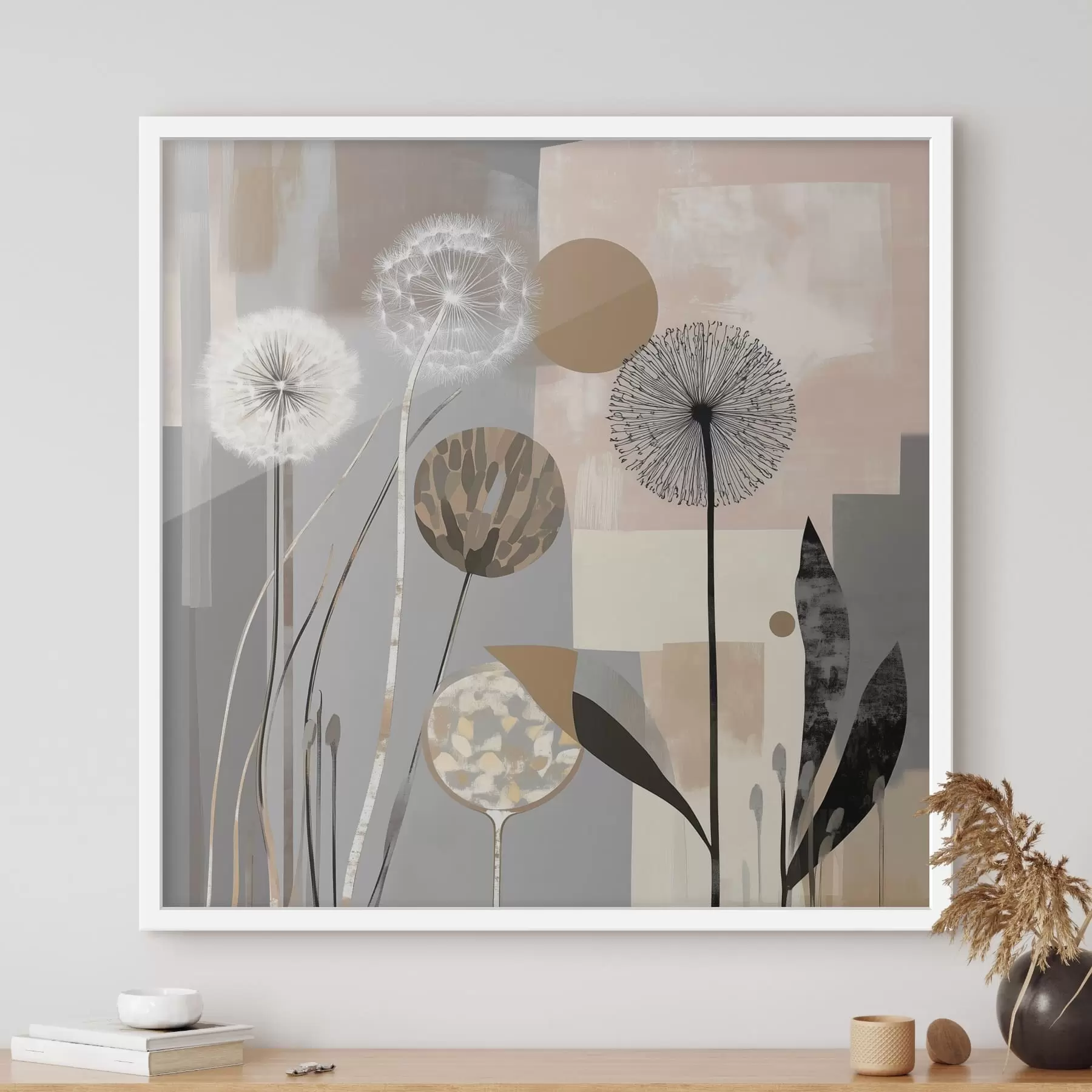 Fotobehang Abstractie met paardenbloemen en planten f47776