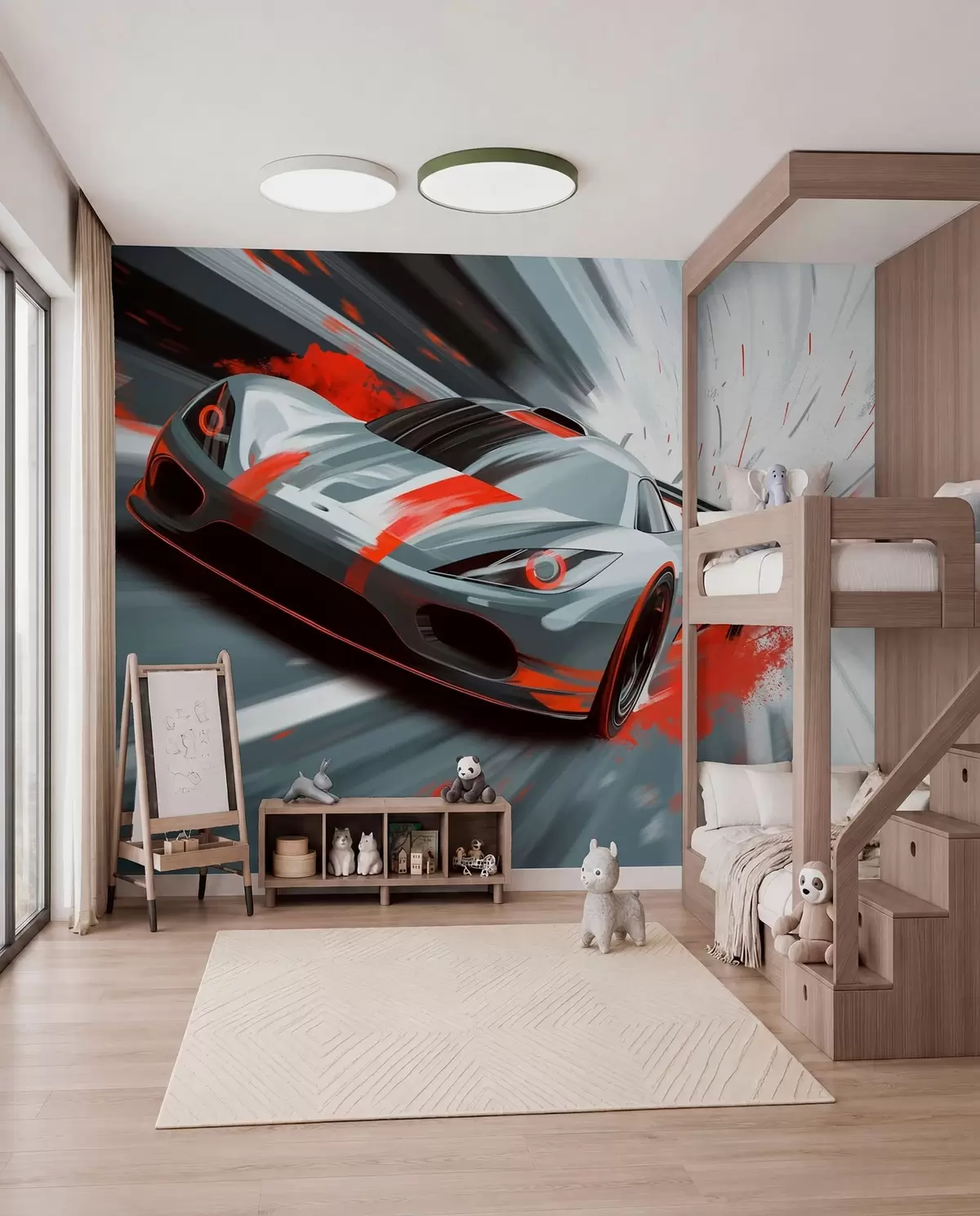 Fotobehang dynamische sportwagen in digitale tekenstijl met rode accenten w05069v1