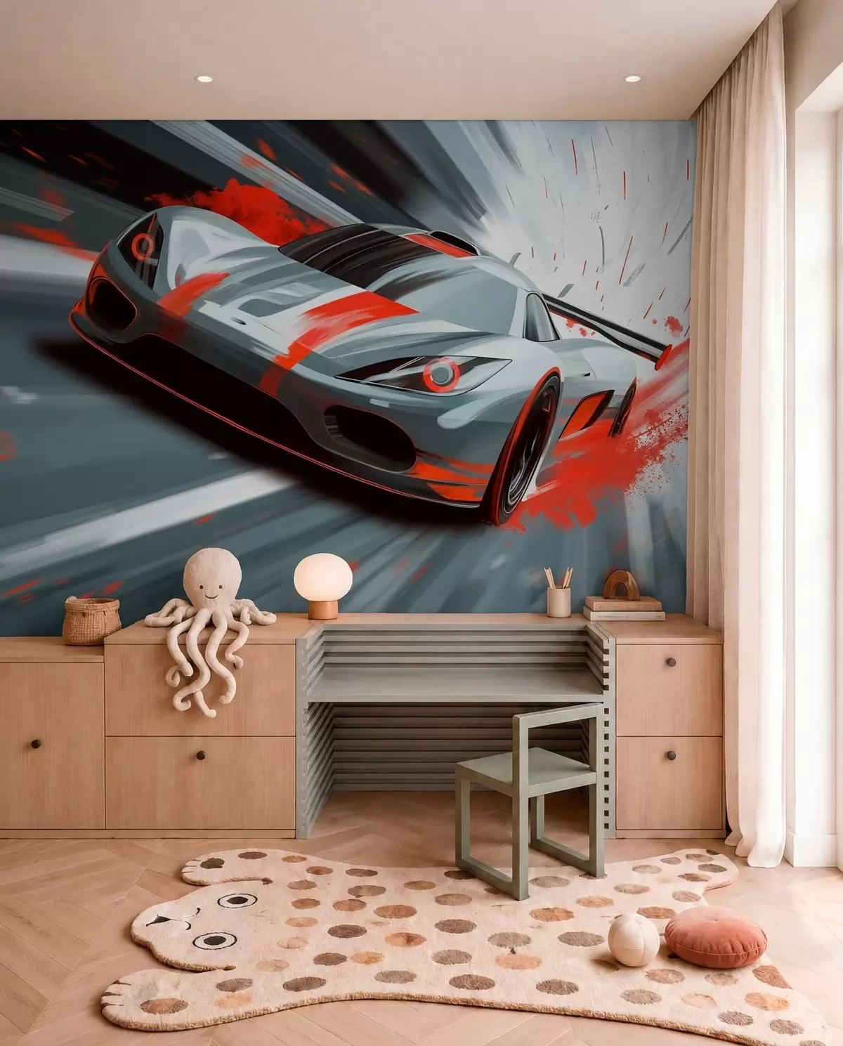 Fotobehang dynamische sportwagen in digitale tekenstijl met rode accenten w05069v1