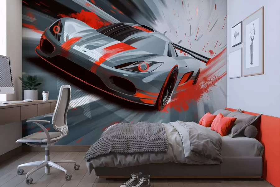 Fotobehang dynamische sportwagen in digitale tekenstijl met rode accenten w05069v1