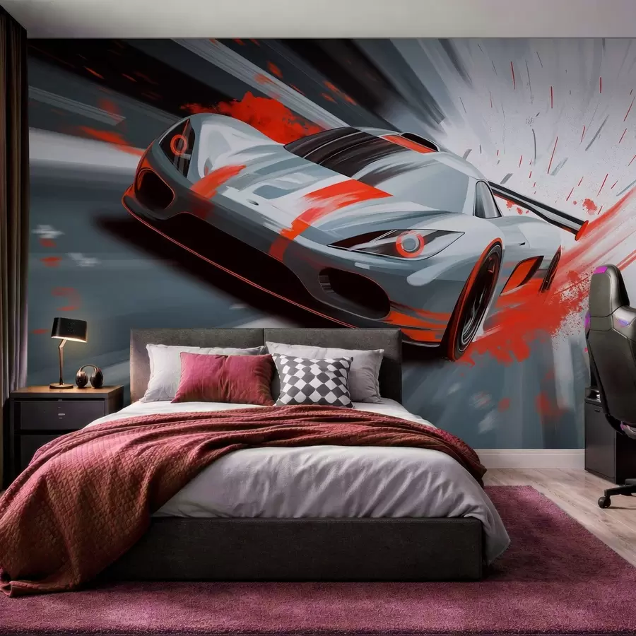 Fotobehang dynamische sportwagen in digitale tekenstijl met rode accenten w05069v1