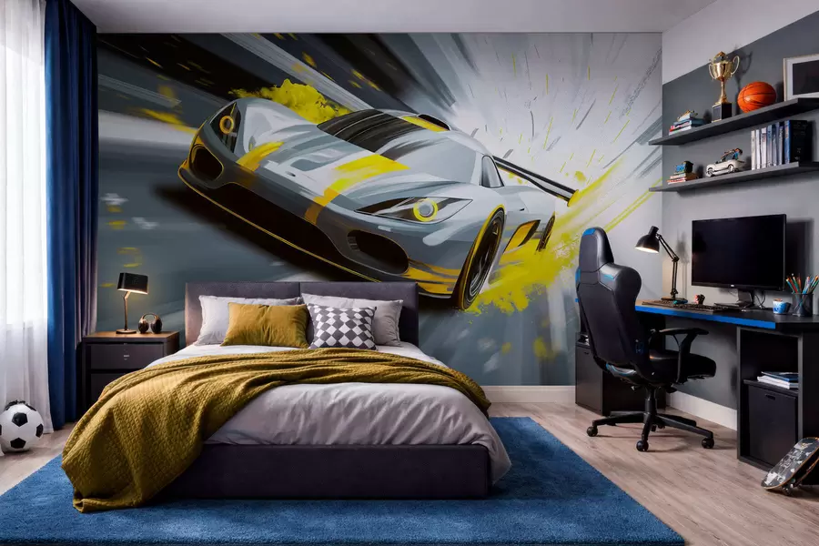 Fotobehang dynamische sportwagen in digitale tekenstijl met gele accenten w05069v2