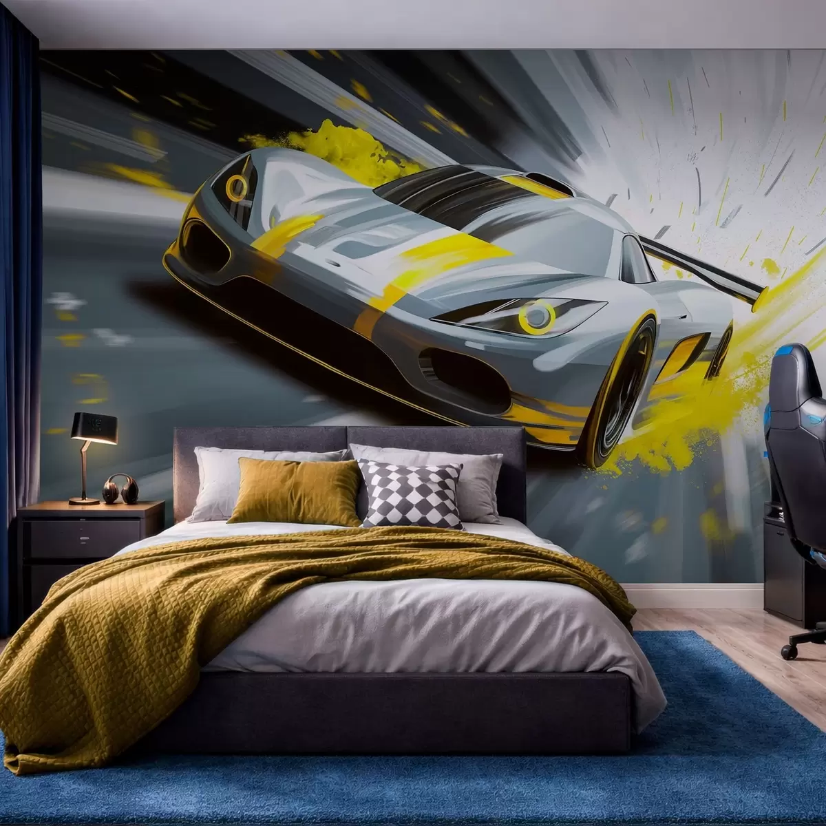 Fotobehang dynamische sportwagen in digitale tekenstijl met gele accenten w05069v2