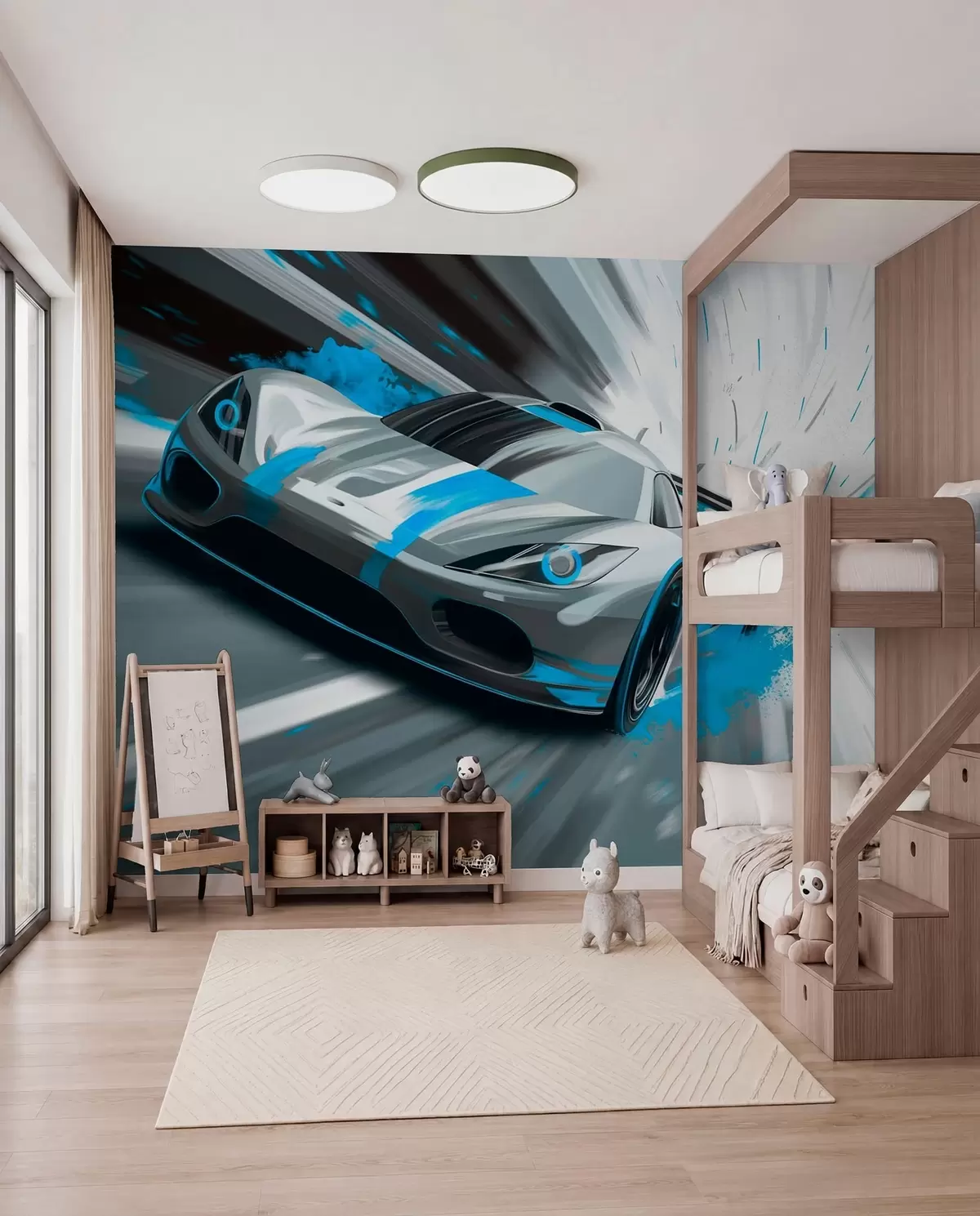 Fotobehang dynamische sportwagen in digitale tekenstijl met turquoise accenten w05069v3