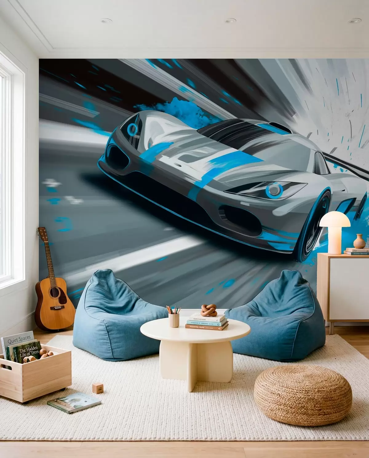 Fotobehang dynamische sportwagen in digitale tekenstijl met turquoise accenten w05069v3