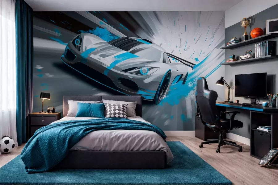 Fotobehang dynamische sportwagen in digitale tekenstijl met turquoise accenten w05069v3