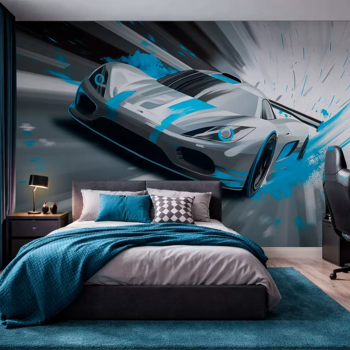 Fotobehang dynamische sportwagen in digitale tekenstijl met turquoise accenten w05069v3