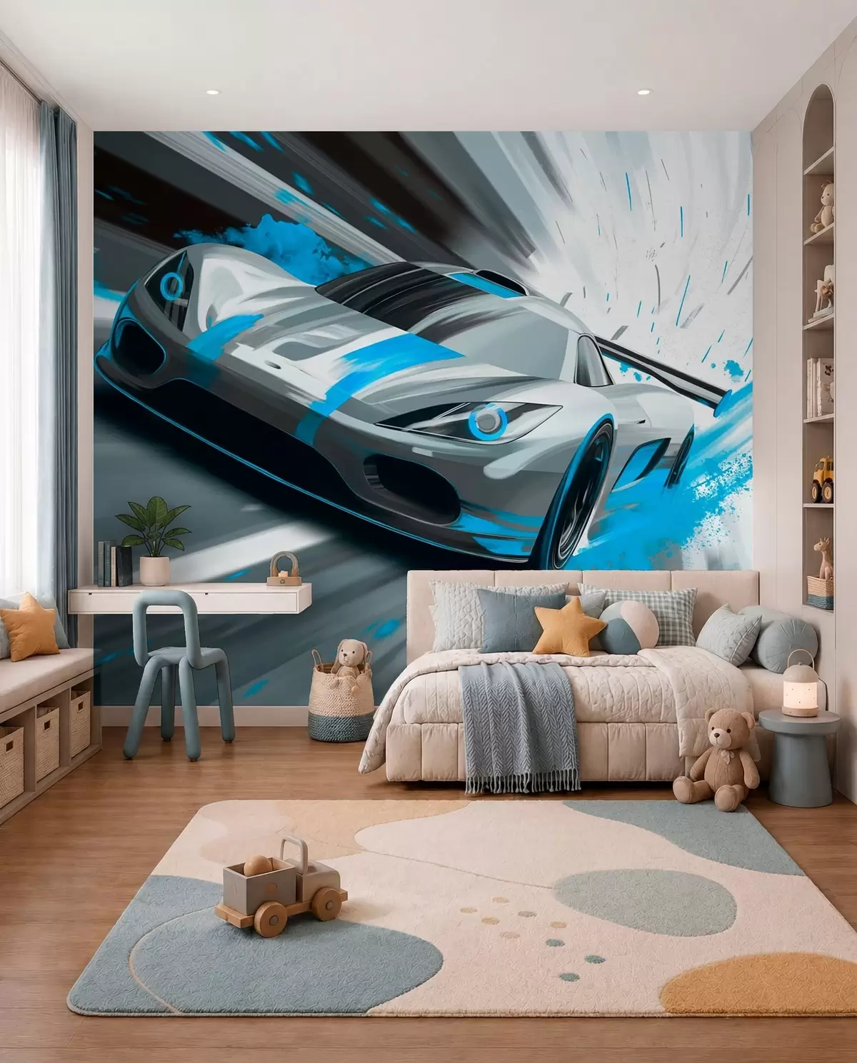 Fotobehang dynamische sportwagen in digitale tekenstijl met turquoise accenten w05069v3