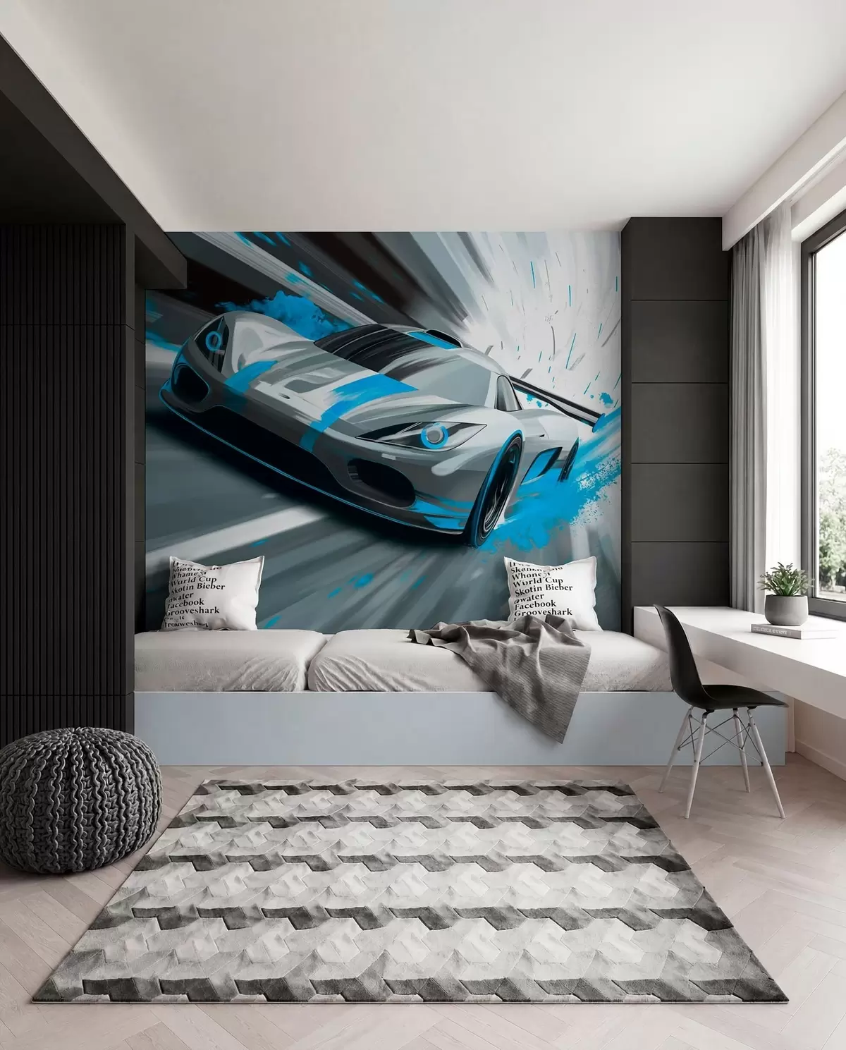 Fotobehang dynamische sportwagen in digitale tekenstijl met turquoise accenten w05069v3