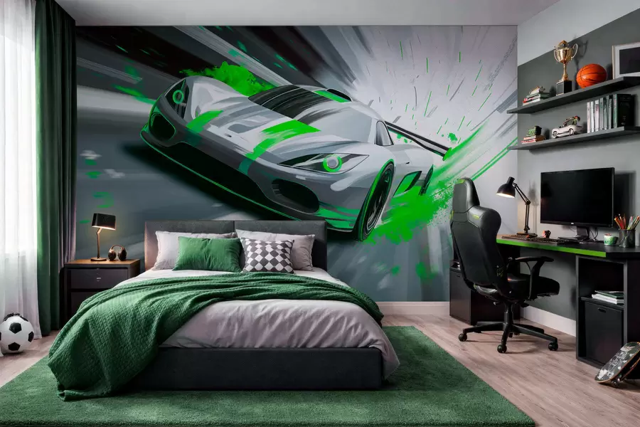 Fotobehang dynamische sportwagen in digitale tekenstijl met groene accenten w05069v4