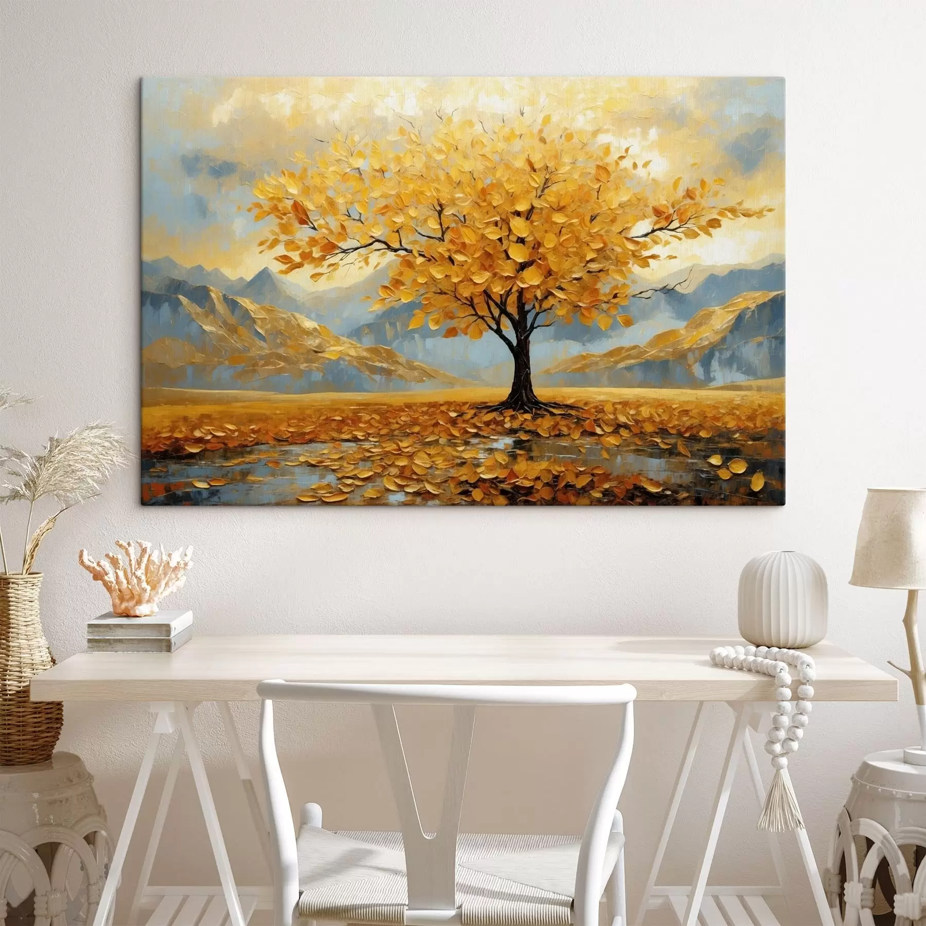 Fotobehang Boom met gele bladeren in een berglandschap s47285