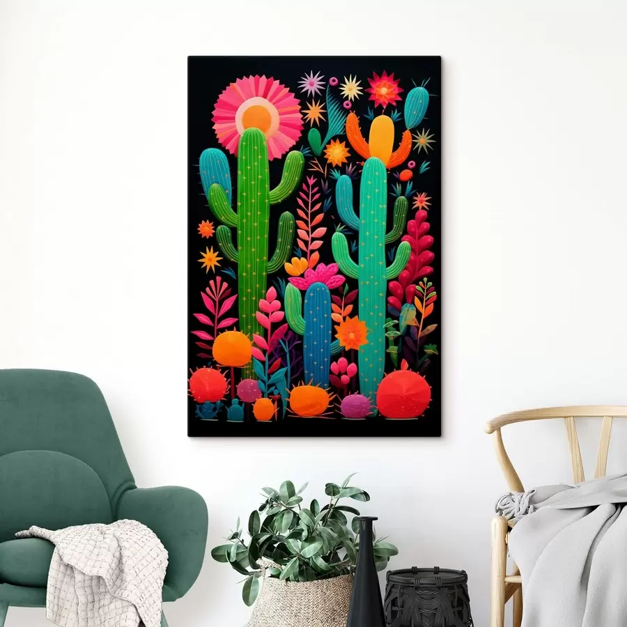  Schilderijen Levendige cactussen en bloemen op donkere achtergrond s47297