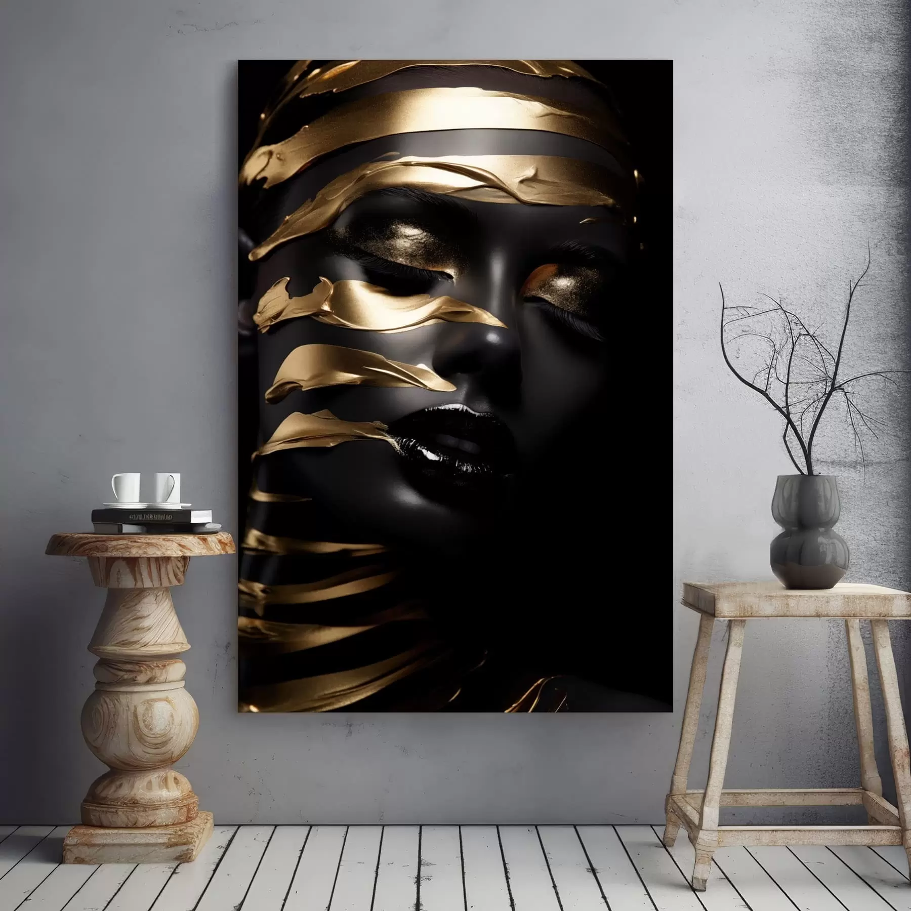  Schilderijen Gezicht met donkere tint en strepen s47321