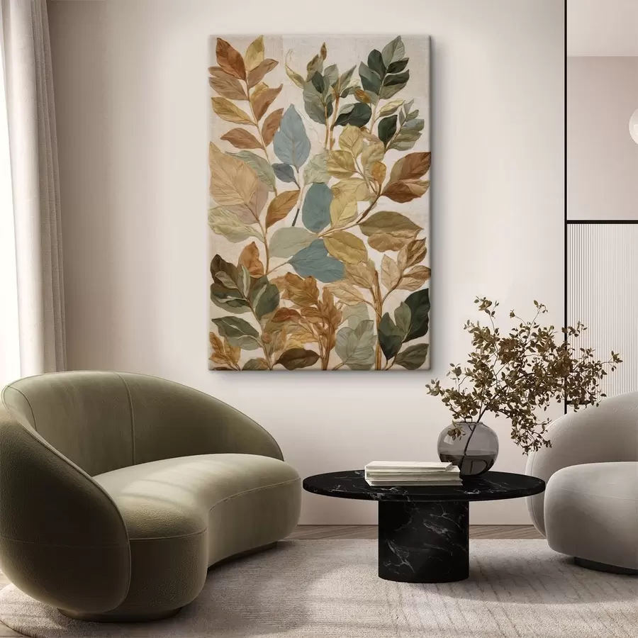  Schilderijen Decoratieve bladeren in een warm, natuurlijk kleurenpalet s47759