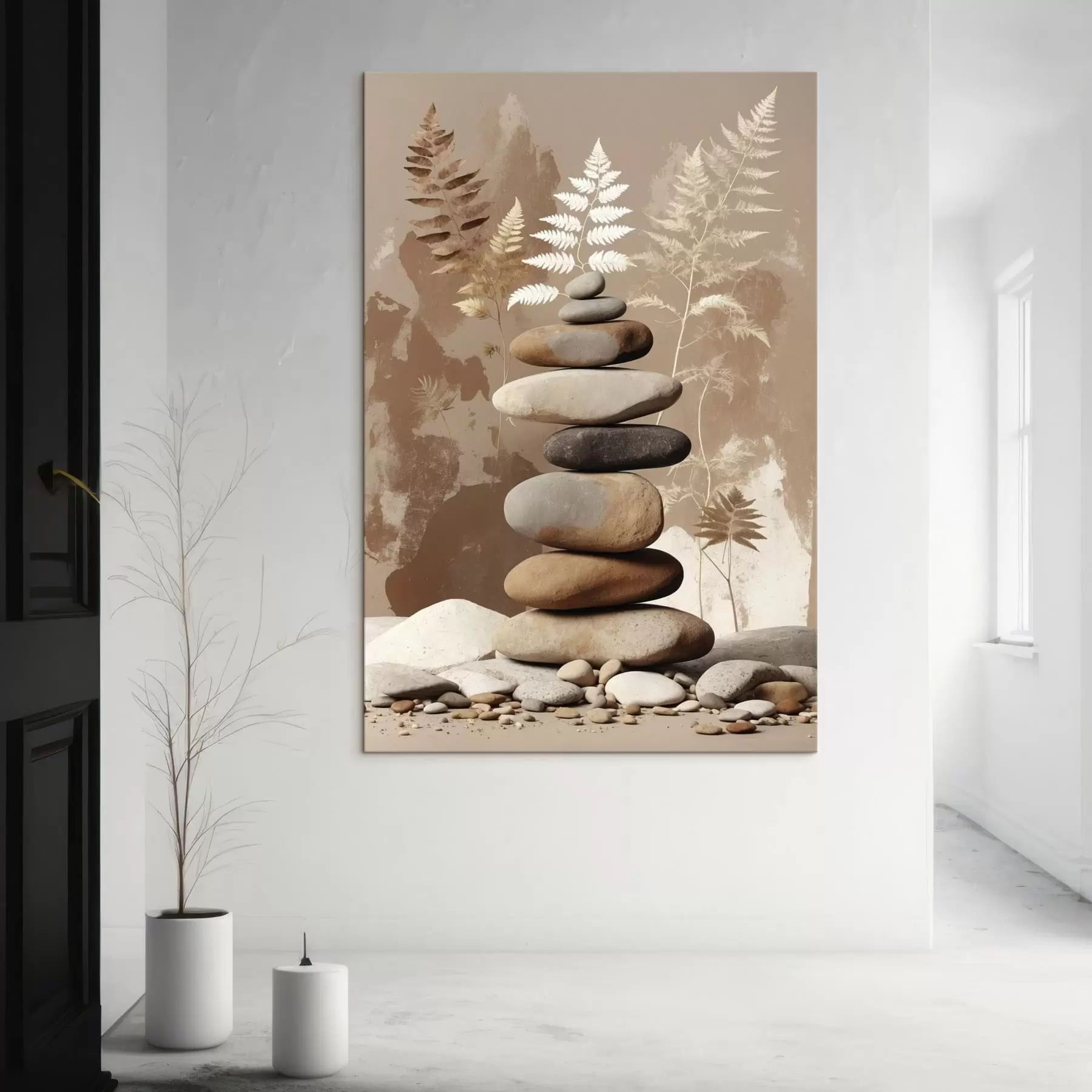 Fotobehang Stapel gladde stenen met een botanische achtergrond s47764