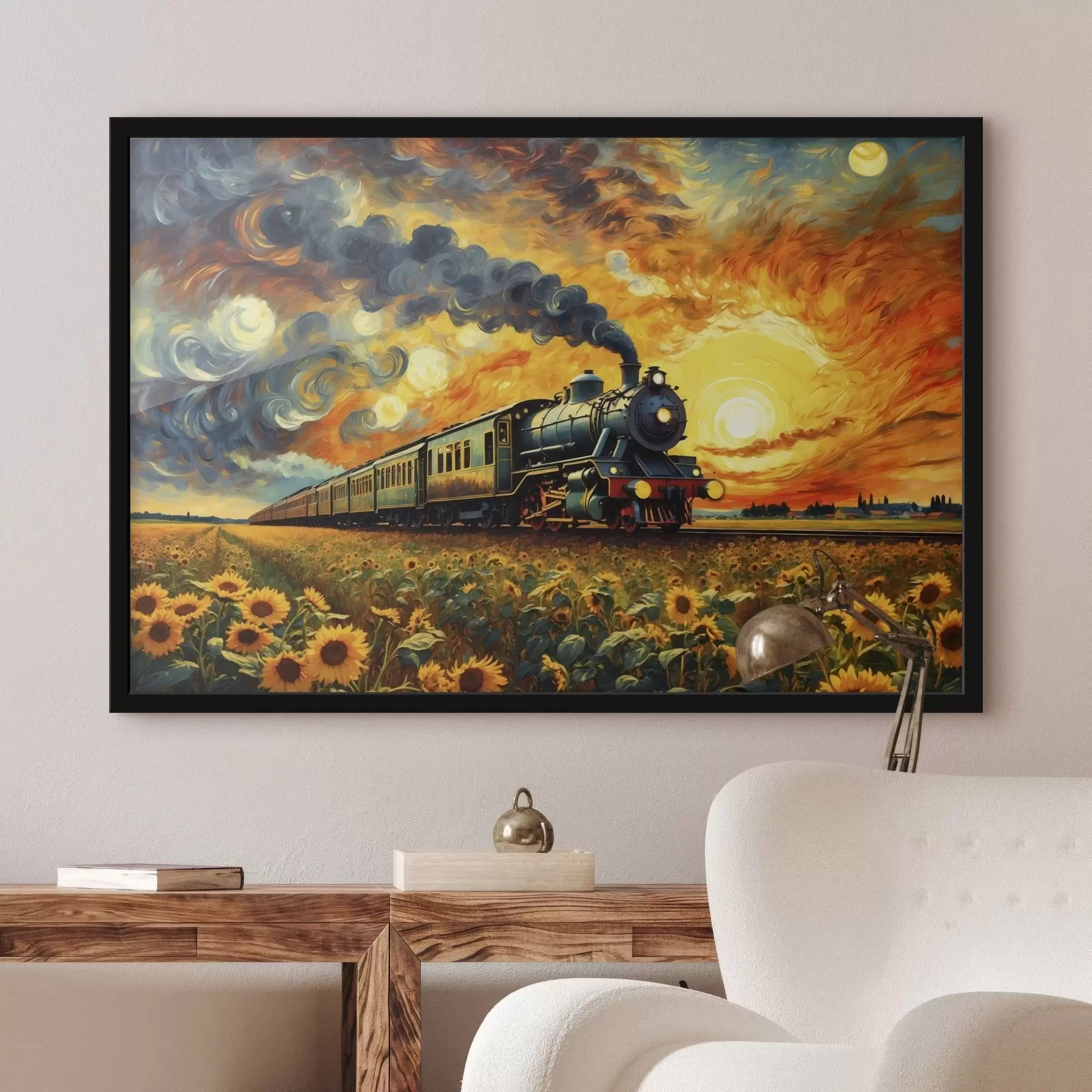  Schilderijen Stoomtrein in een veld met dramatische lucht f47257