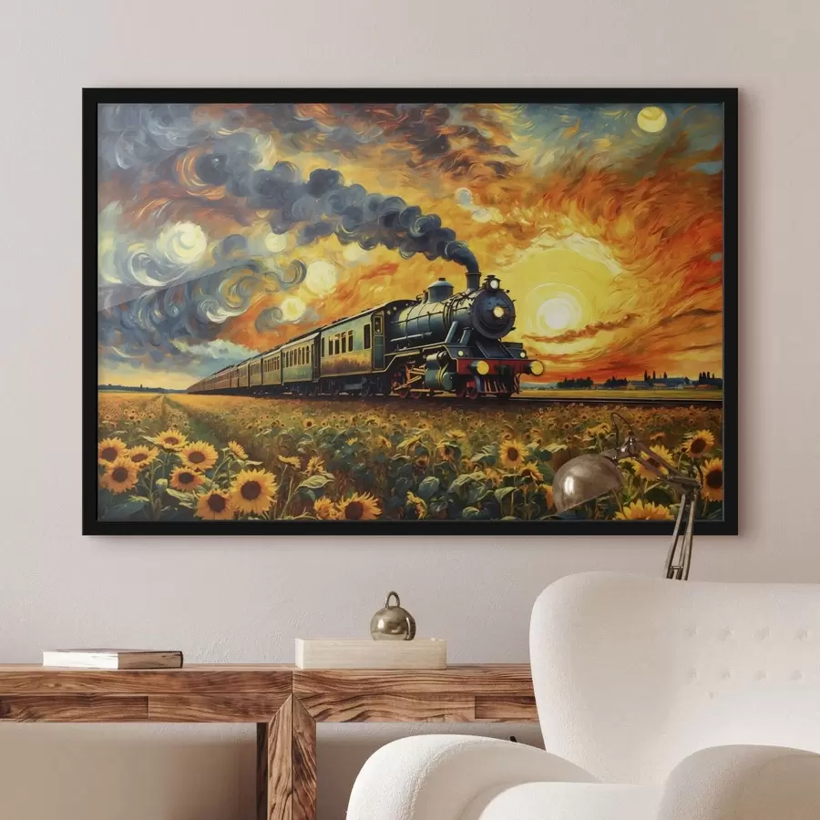 Fotobehang Stoomtrein in een veld met dramatische lucht f47257
