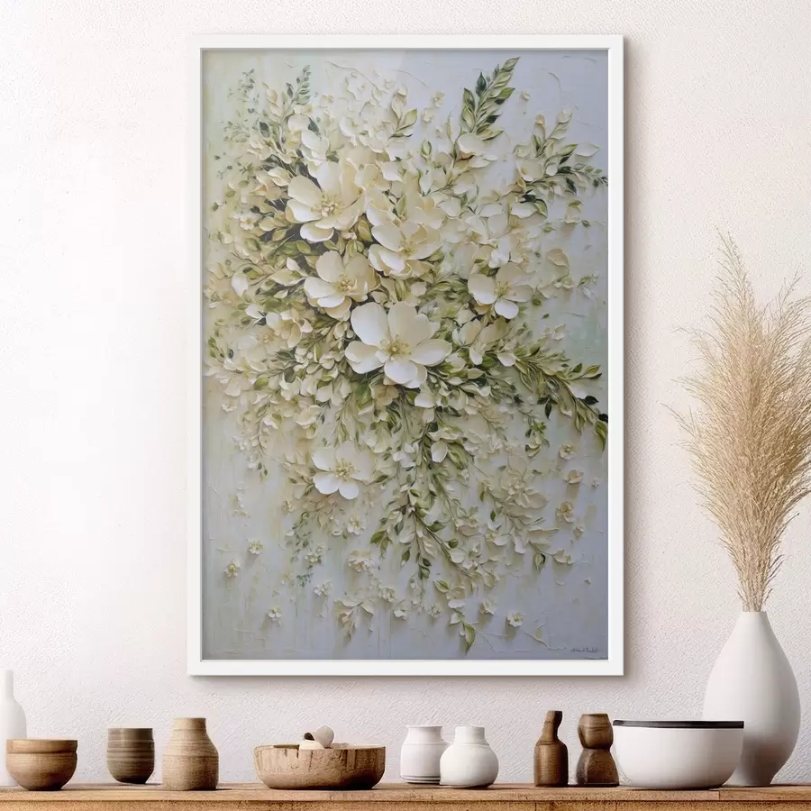 Fotobehang Grote compositie van crèmekleurige bloemen en bladeren f47267