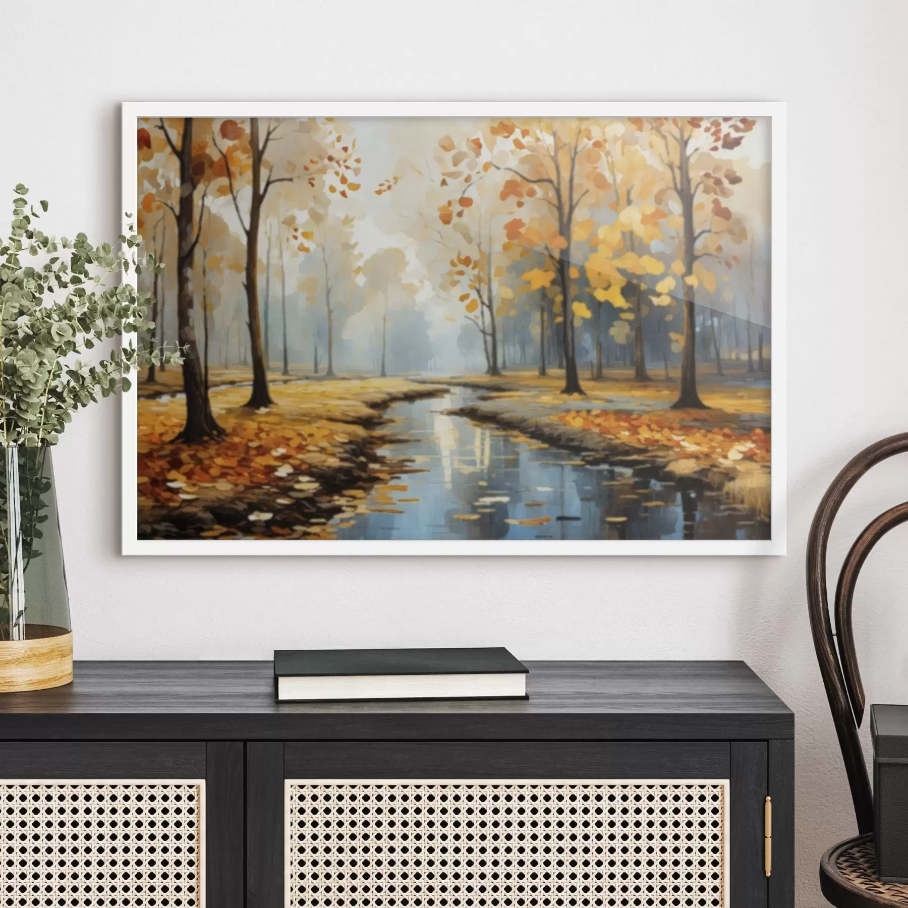 Fotobehang Herfstbos met een beekje en gele bladeren f47278