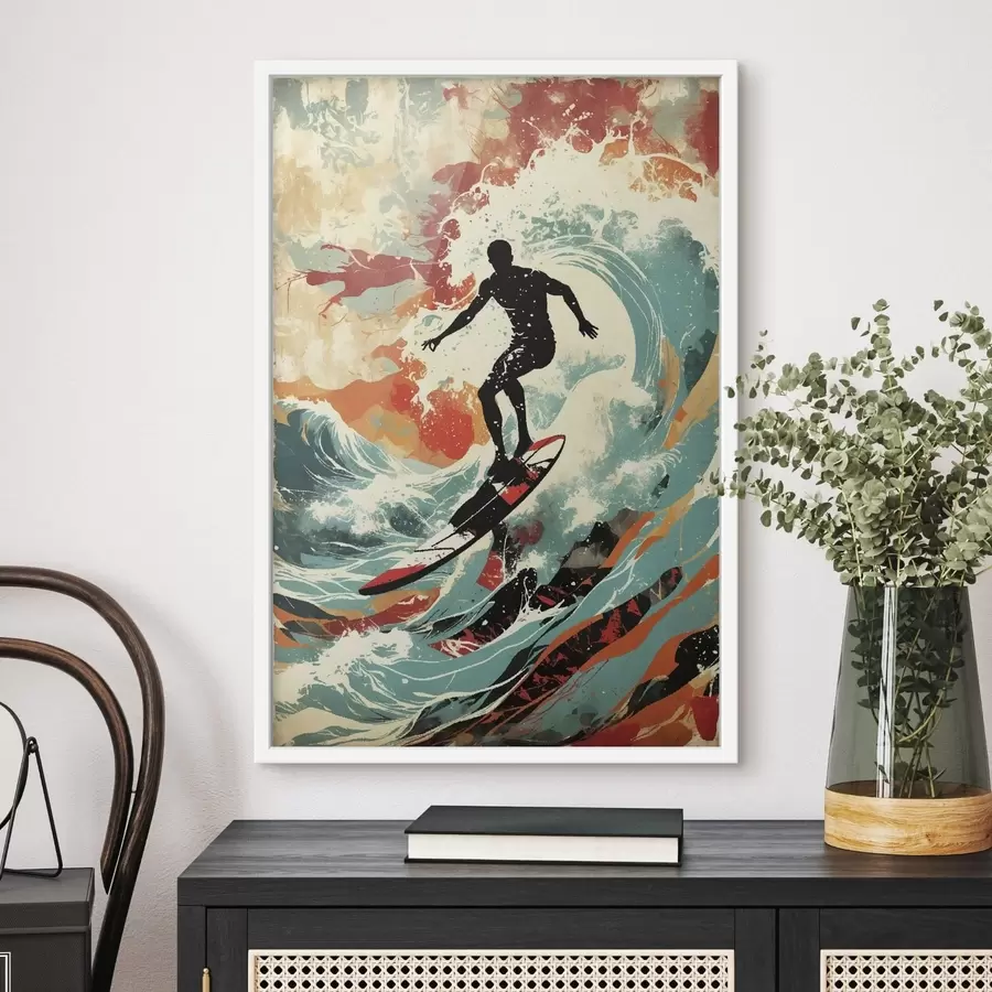 Fotobehang Surfer silhouet op golven in levendige kleuren f47284