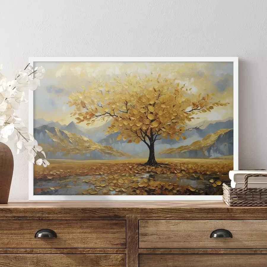Fotobehang Boom met gele bladeren in een berglandschap f47285
