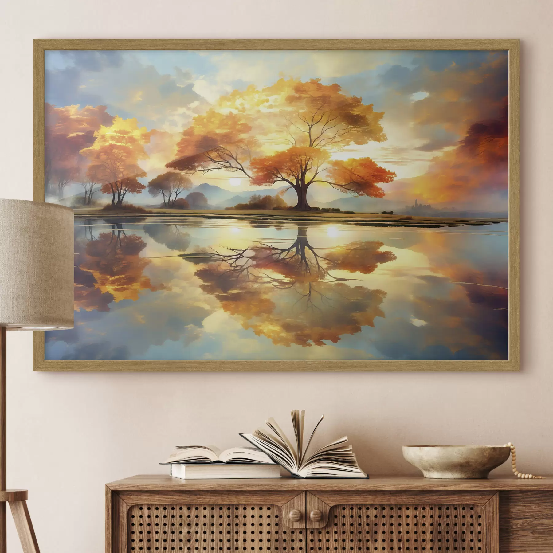 Fotobehang Levendige bomen weerspiegeld in het water f47287