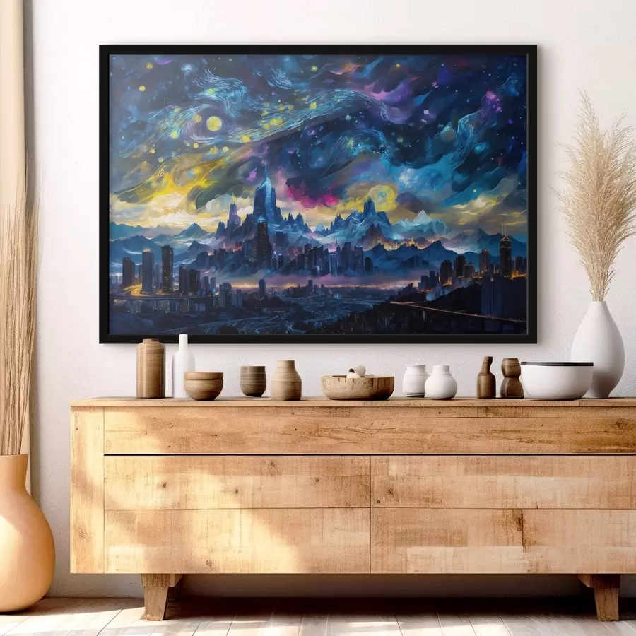 Fotobehang Fantasie stad onder een stralende nachtelijke hemel f47288