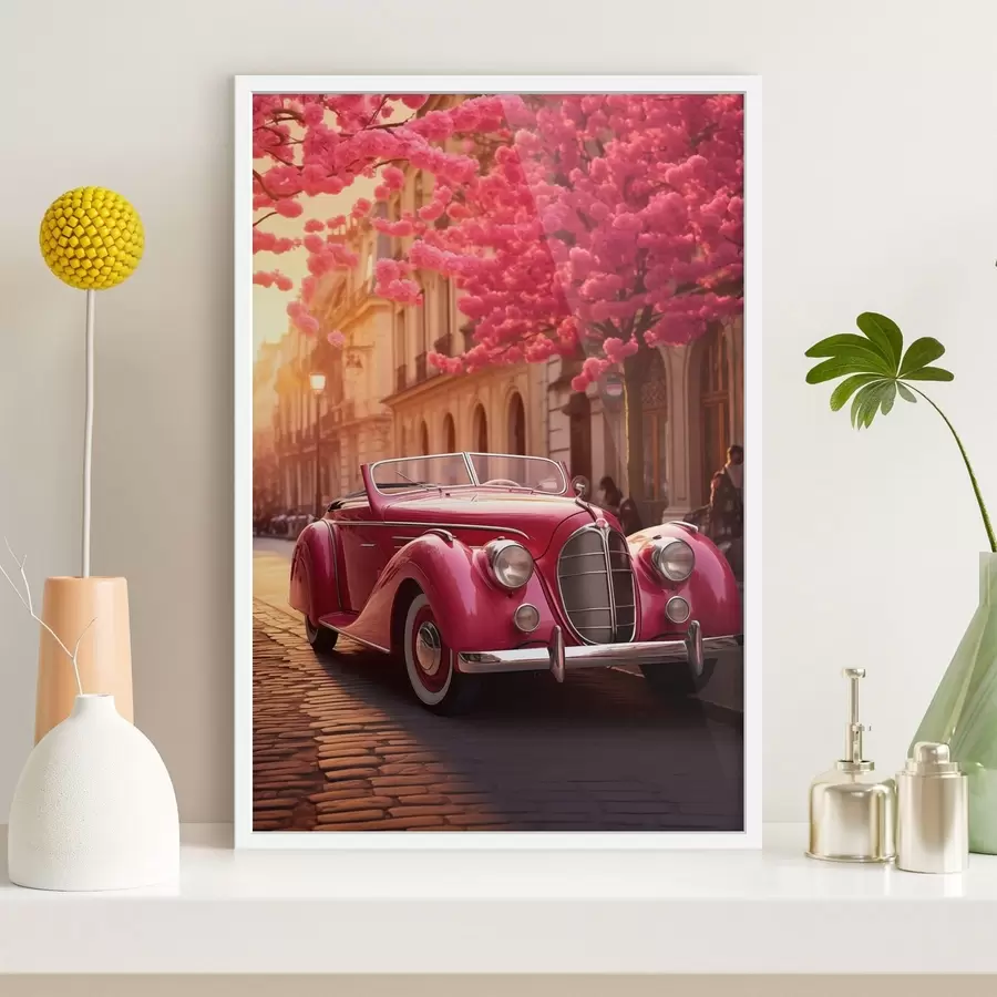 Fotobehang Roze auto onder bloeiende bomen f47295