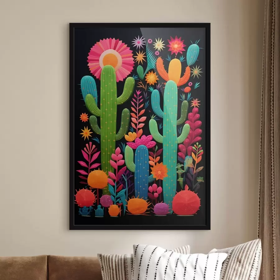 Fotobehang Levendige cactussen en bloemen op donkere achtergrond f47297