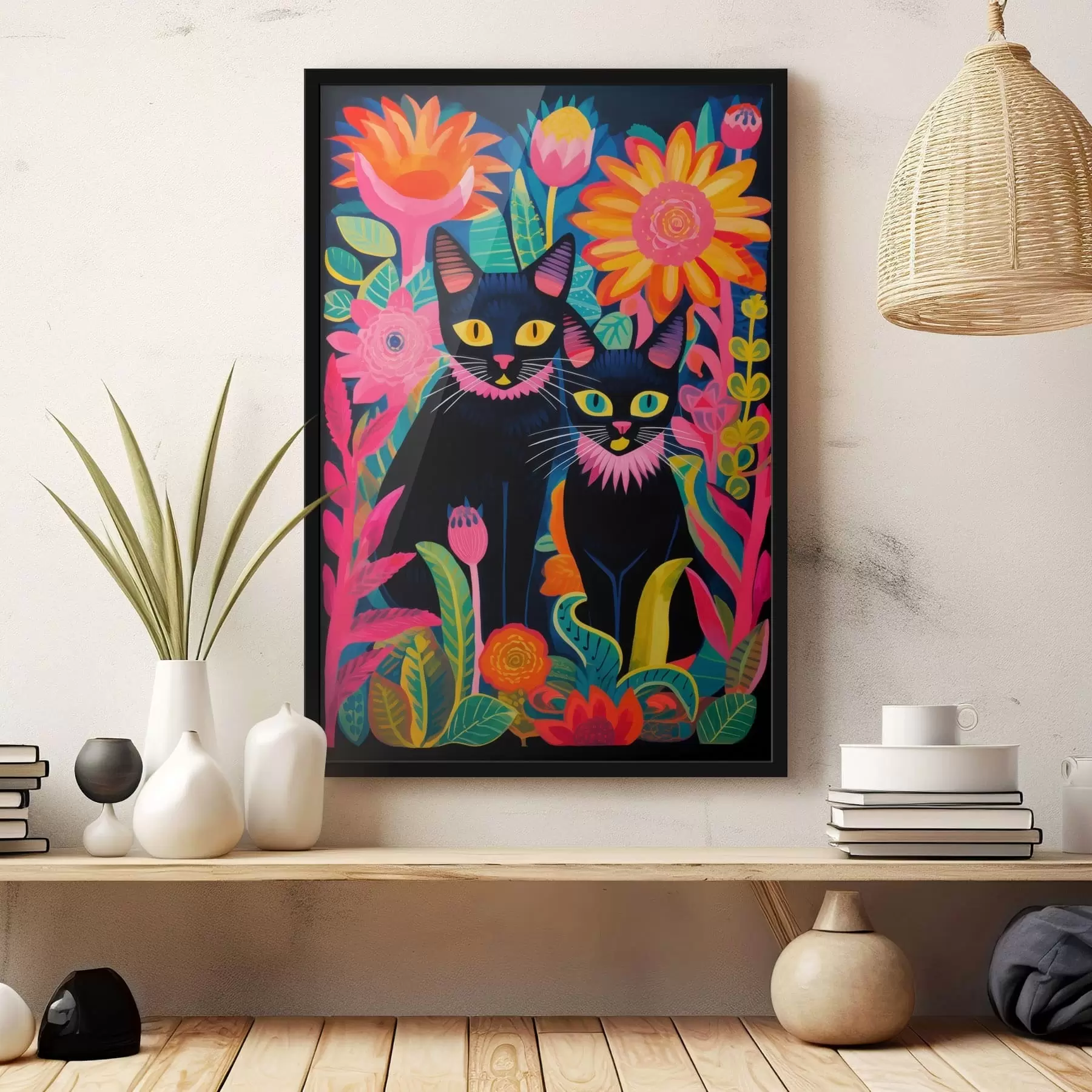 Fotobehang Twee zwarte katten tussen heldere bloemen f47299