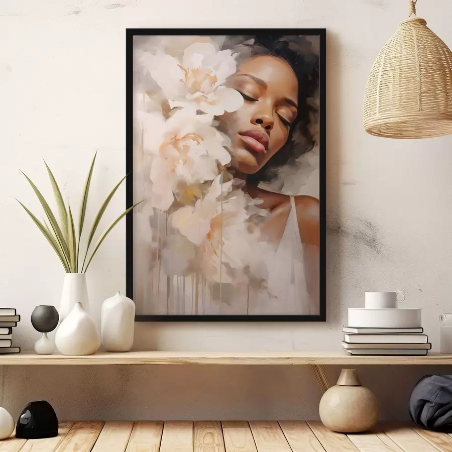 Fotobehang Vrouwelijk portret naast grote bloemen f47307