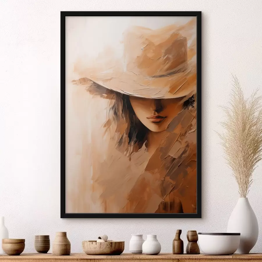 Fotobehang Vrouw met hoed in warme, gestructureerde penseelstreken f47315
