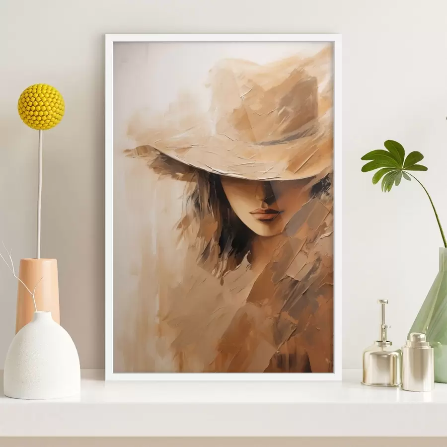 Fotobehang Vrouw met hoed in warme, gestructureerde penseelstreken f47315