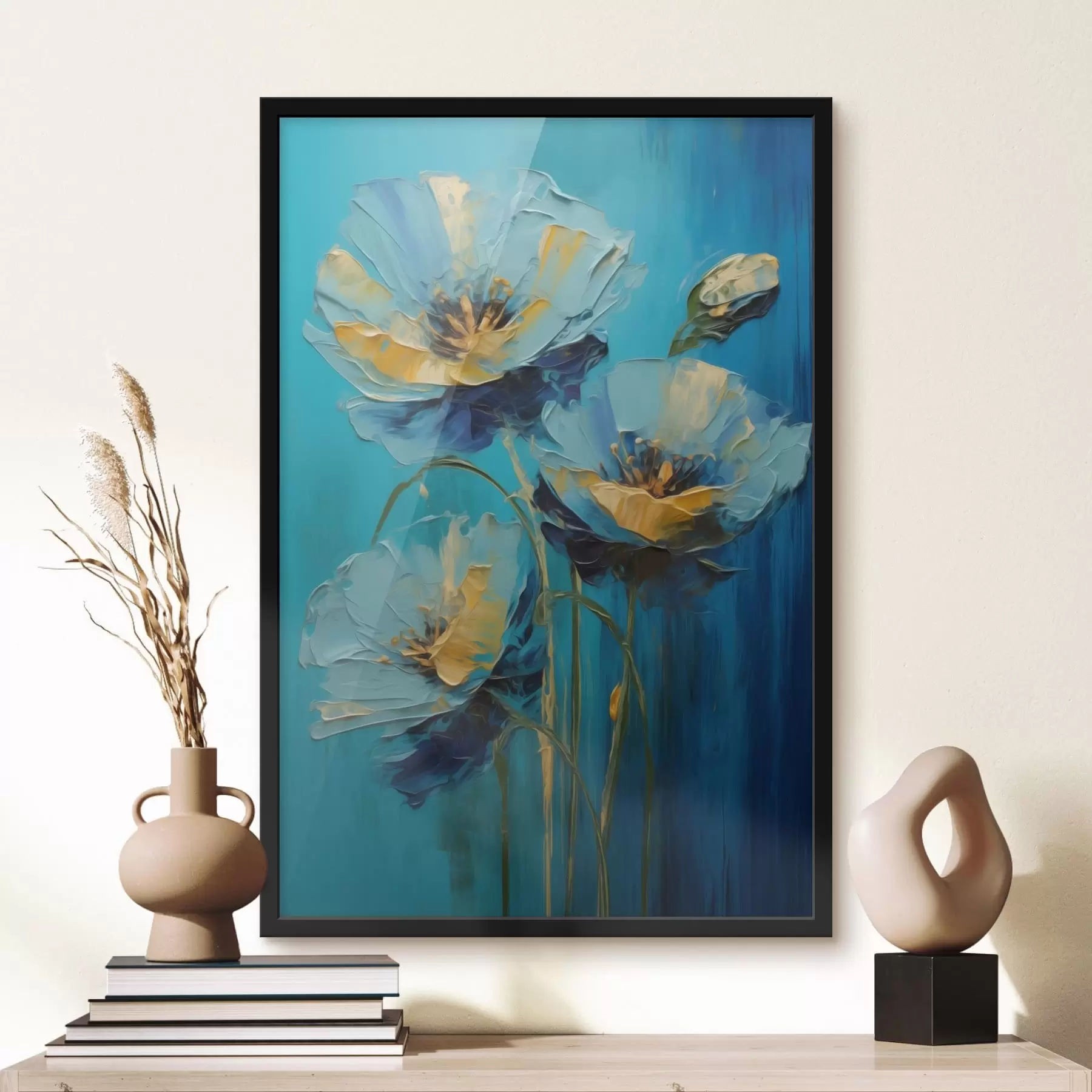 Fotobehang Blauwe bloemen op een levendige achtergrond f47324