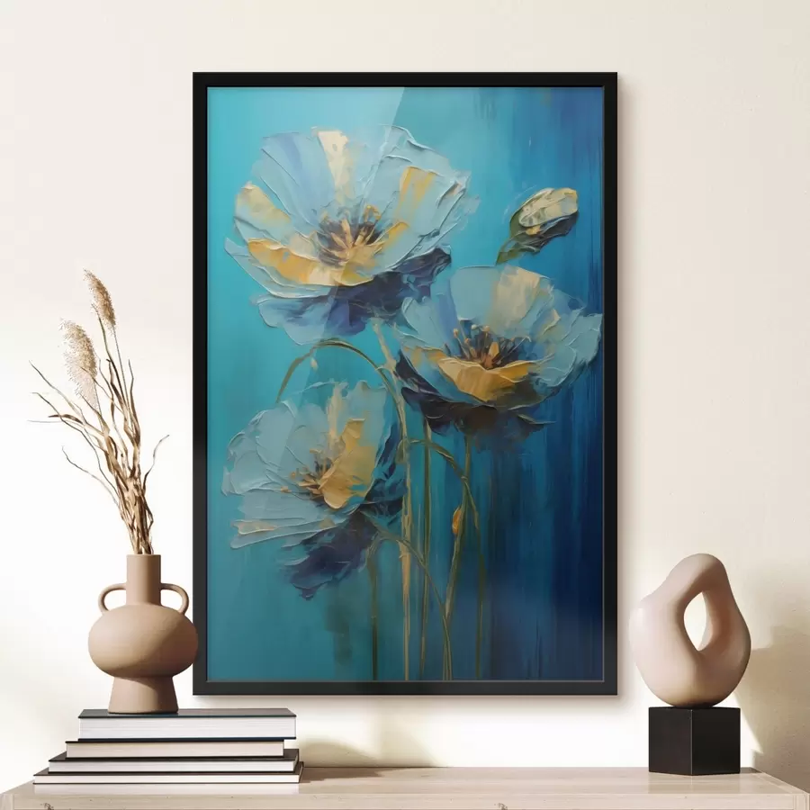 Fotobehang Blauwe bloemen op een levendige achtergrond f47324