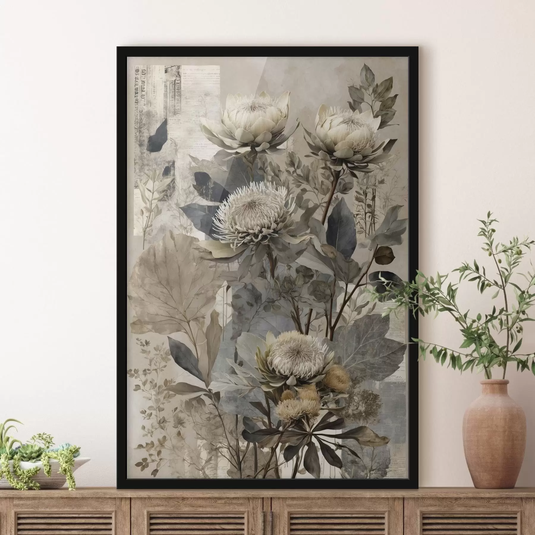 Fotobehang Botanische compositie in gedempt kleurenpalet f47755