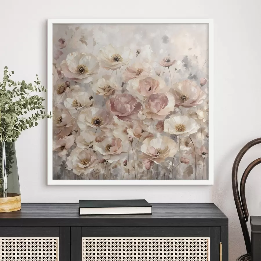 Fotobehang Veld met lichte bloemen in zachte tinten f47757